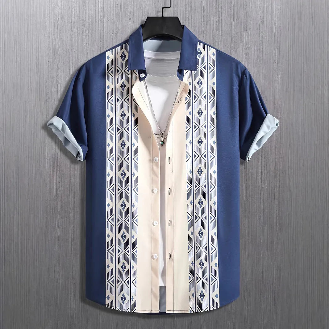 Man wearing plaid loose fit short sleeve shirt with lapel collar in cardigan style