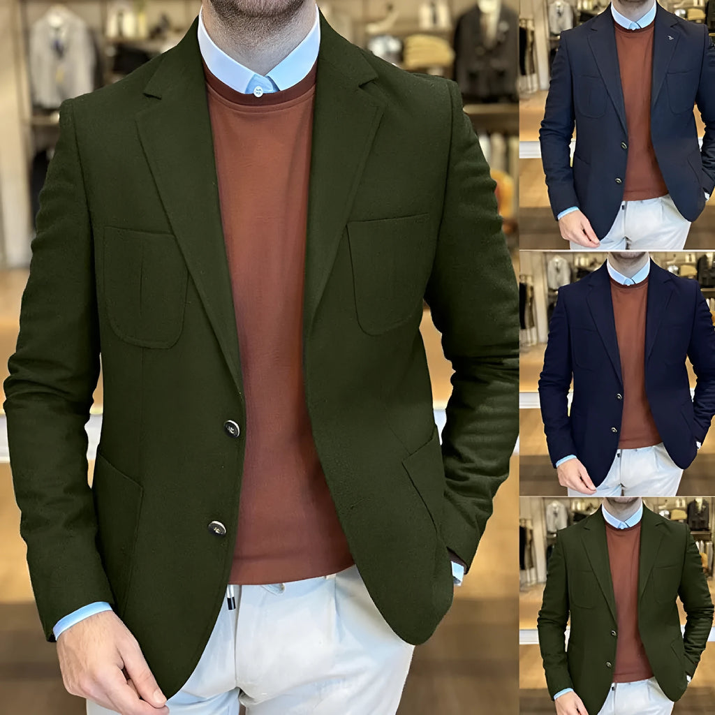 Men's loose-fit cotton tailored blazer in Army Green on a hanger