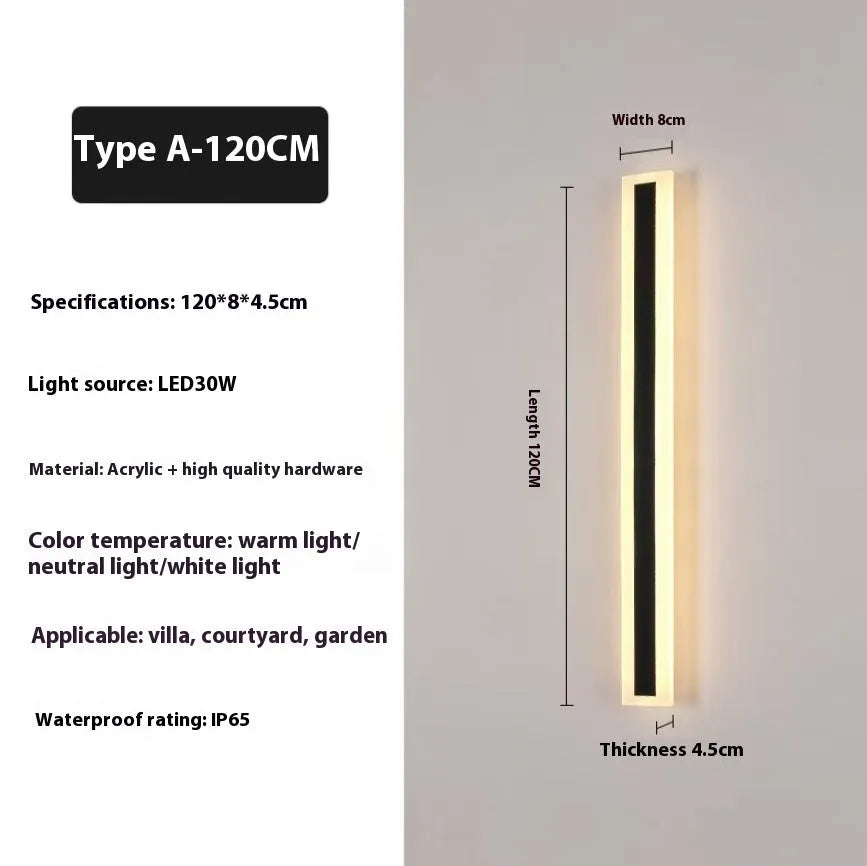 150cm long straight outdoor LED wall light with black wrought iron housing and IP65 waterproof rating.