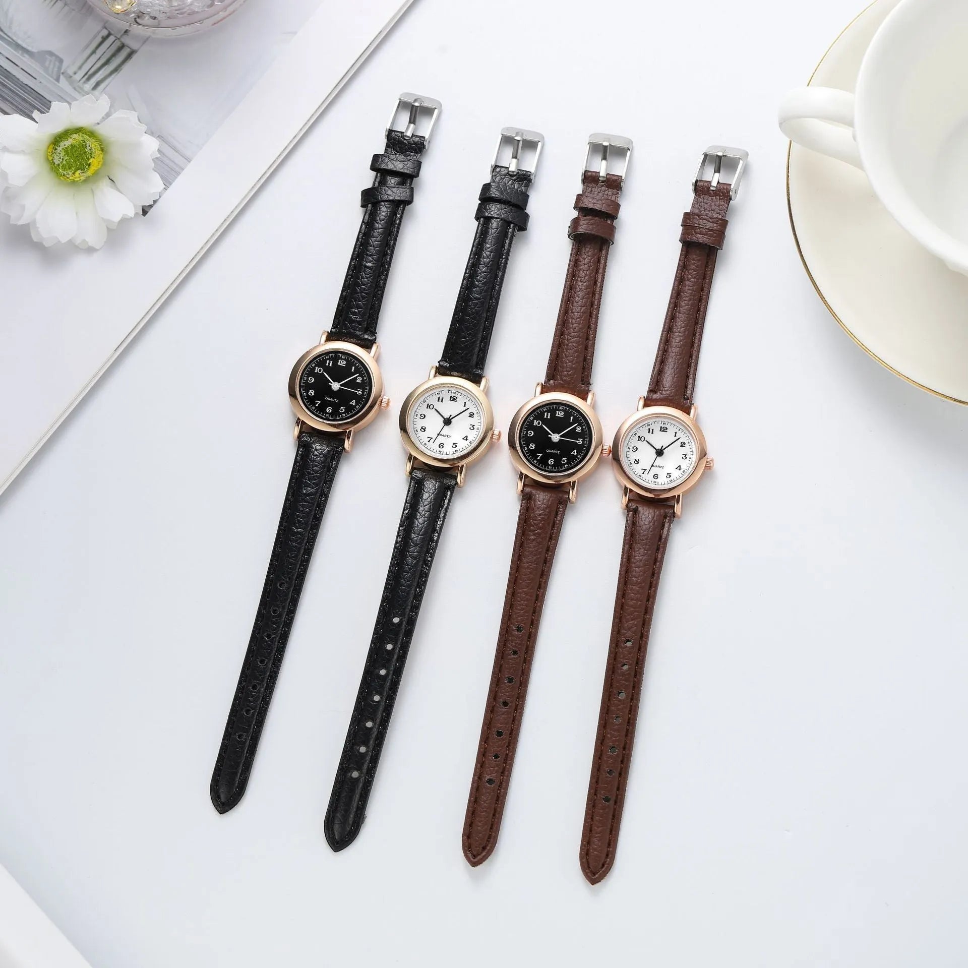 Female student Korean style cute literary thin strap small dial couple watch with round alloy case and imitation leather strap