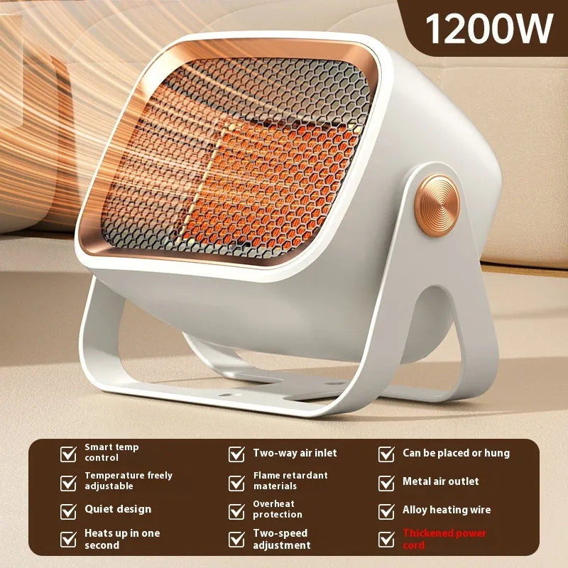 Desktop ceramic heater in white colour with adjustable power settings and two fan speed modes