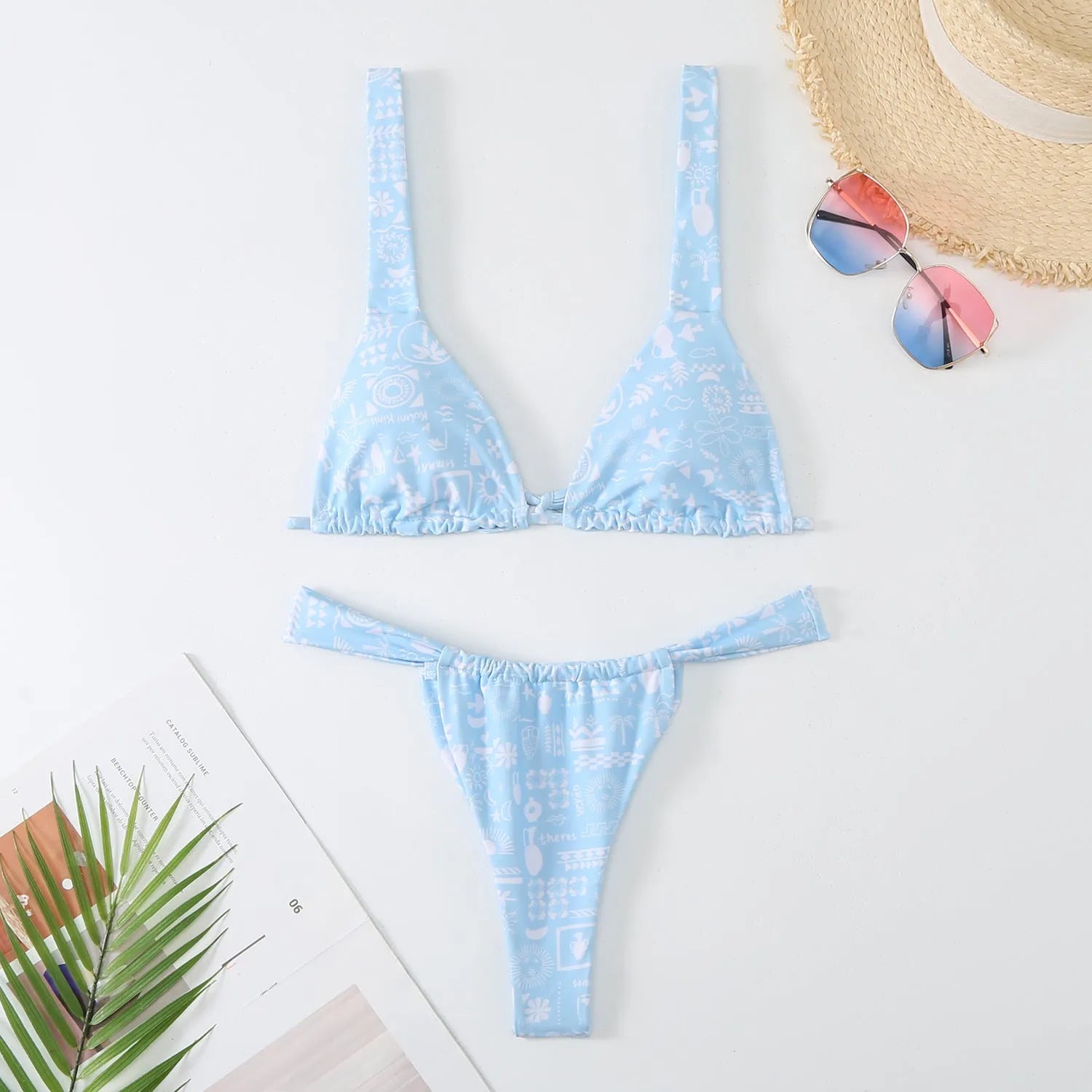 Women's floral print bikini swimsuit set in polyester fabric with bra and briefs