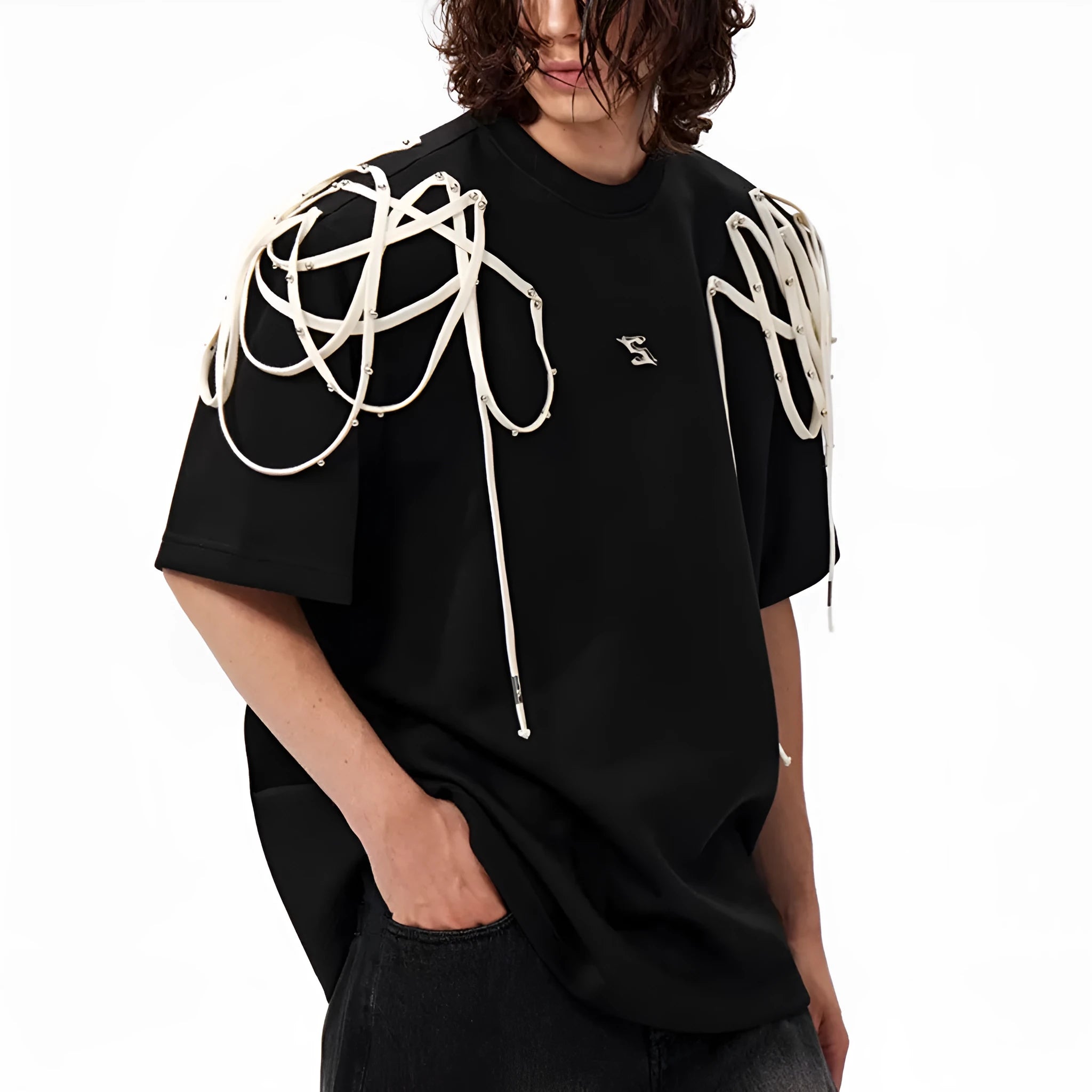 Black loose-fit short-sleeved T-shirt with a decorative rivet and ribbon padded shoulder detail.