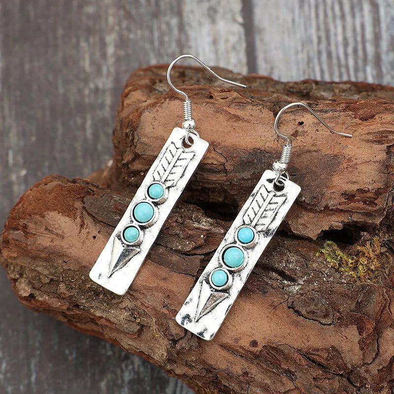 Geometric long strip silver earrings with turquoise inlay, retro design women's costume jewellery