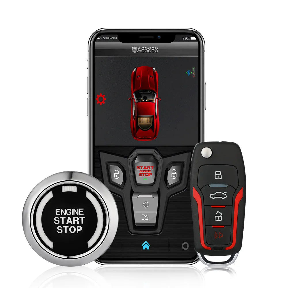 One-way car alarm system with red and frosted black casing, includes two remote controls for 3000 metre vehicle security