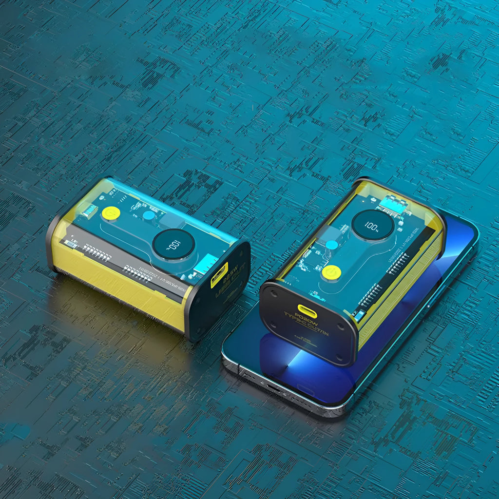 Transparent yellow industrial power bank showing internal aluminium battery case with 10000mAh capacity