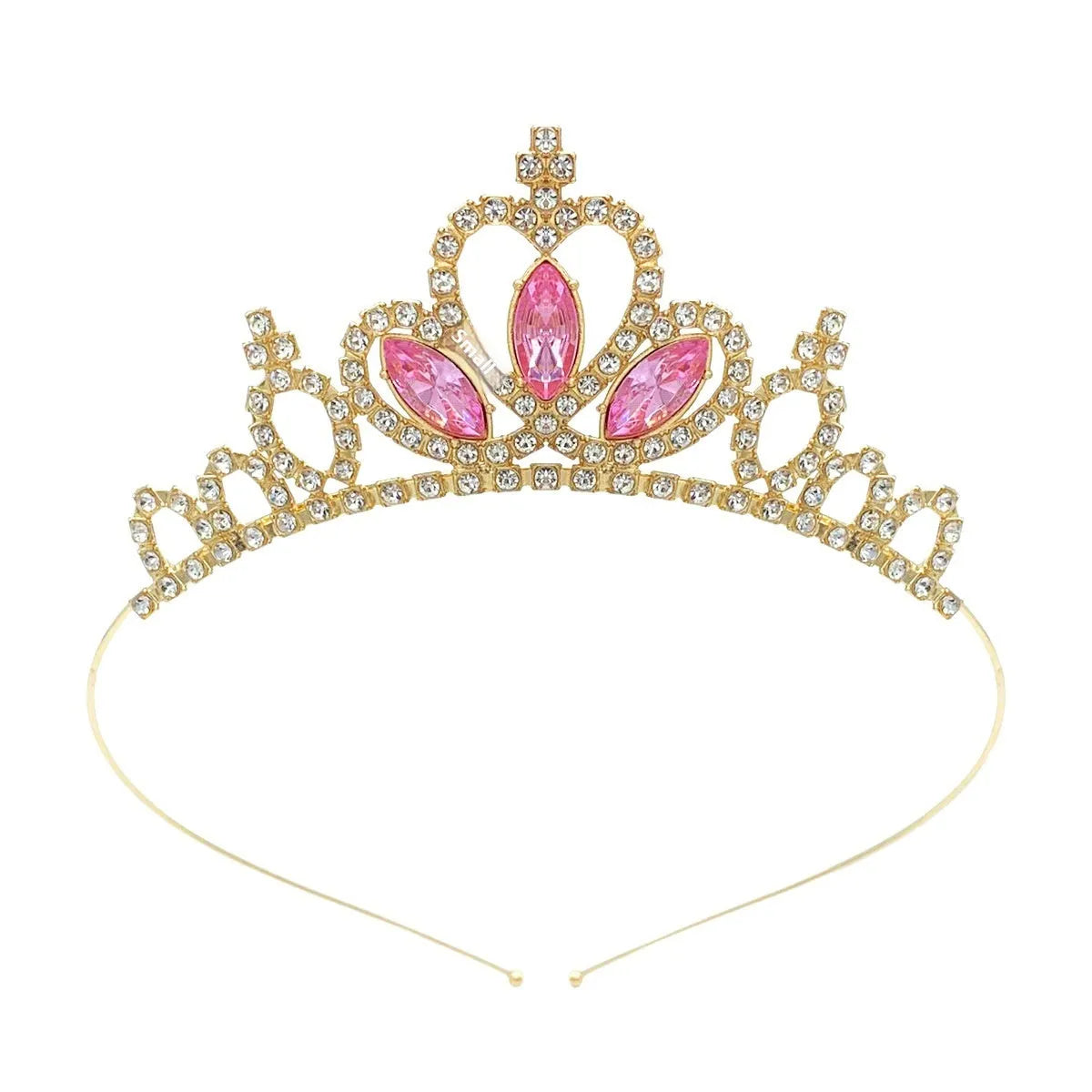 Gold electroplated alloy princess crown headdress with diamond-like decorations for birthday parties