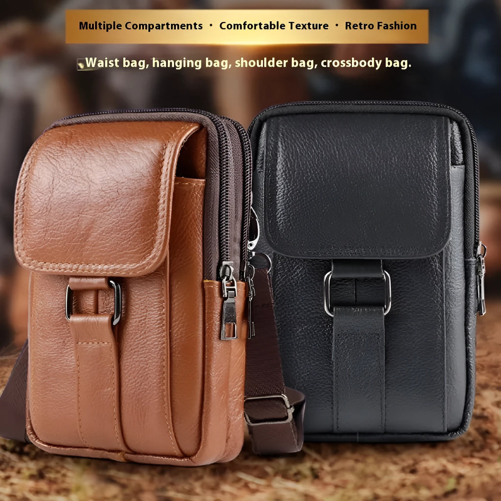 Men's black genuine leather belt crossbody waist bag with lock detail and urban style