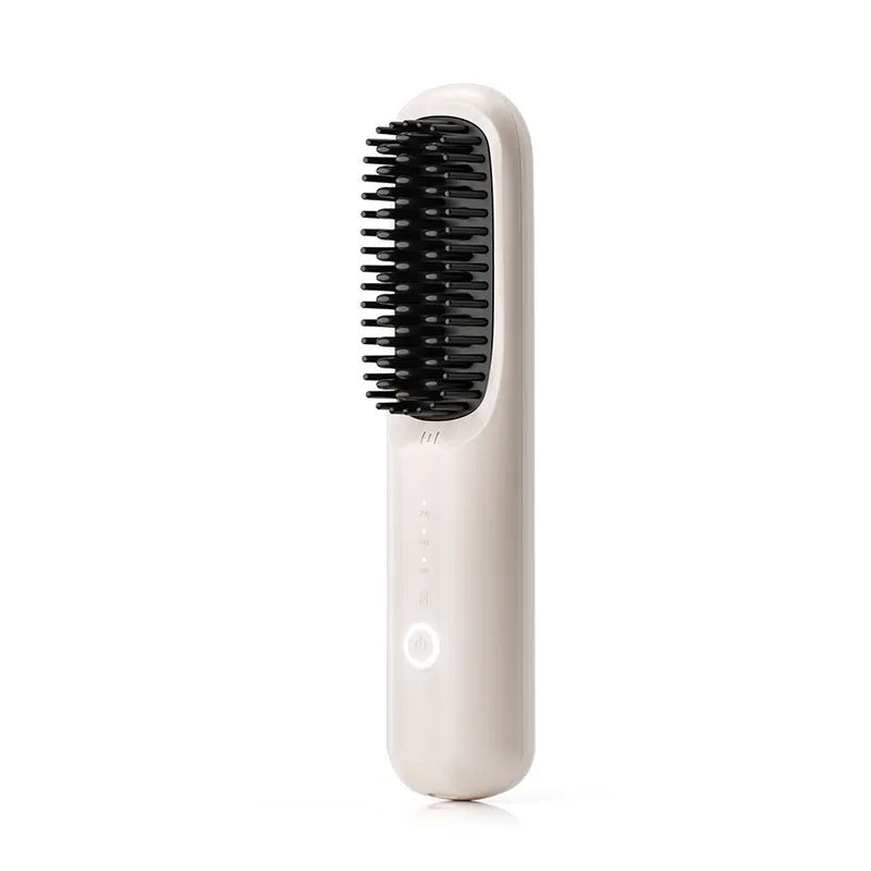 Beige wireless anion hair straightening comb on a table with Type-C cable.