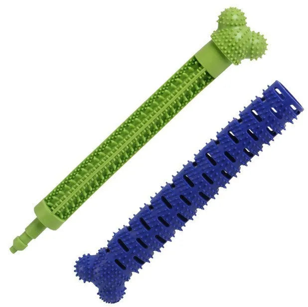 Blue green silicone dog dental toy with brush head design and massage nodules for teeth cleaning