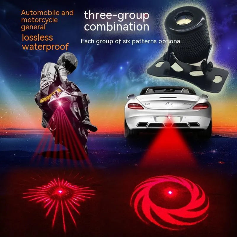 Universal vehicle laser fog lamp in aluminium housing with red laser, shown with screws and mounting tape.