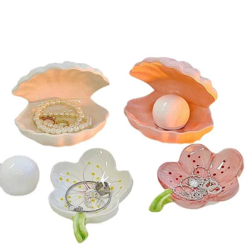Yellow porcelain storage tray with optional night light, shown in pink and white shell options.