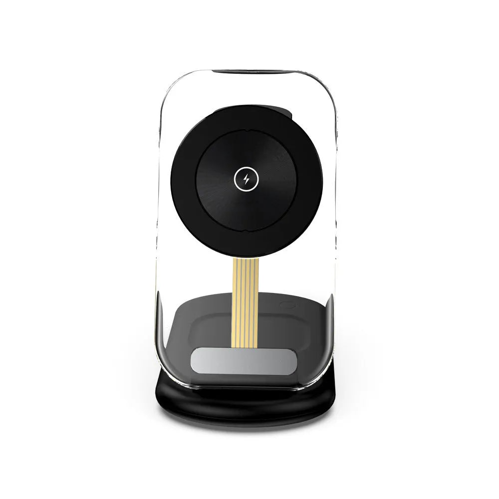 Transparent folding magnetic three-in-one wireless charger showing internal components