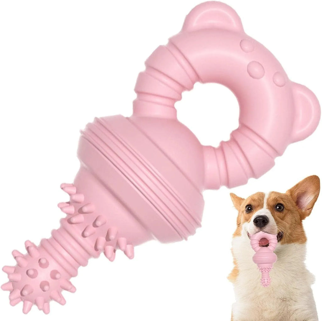 Blue rubber dog chew toy with textured surface and bell inside, shown next to a tape measure indicating 13.5cm diameter.