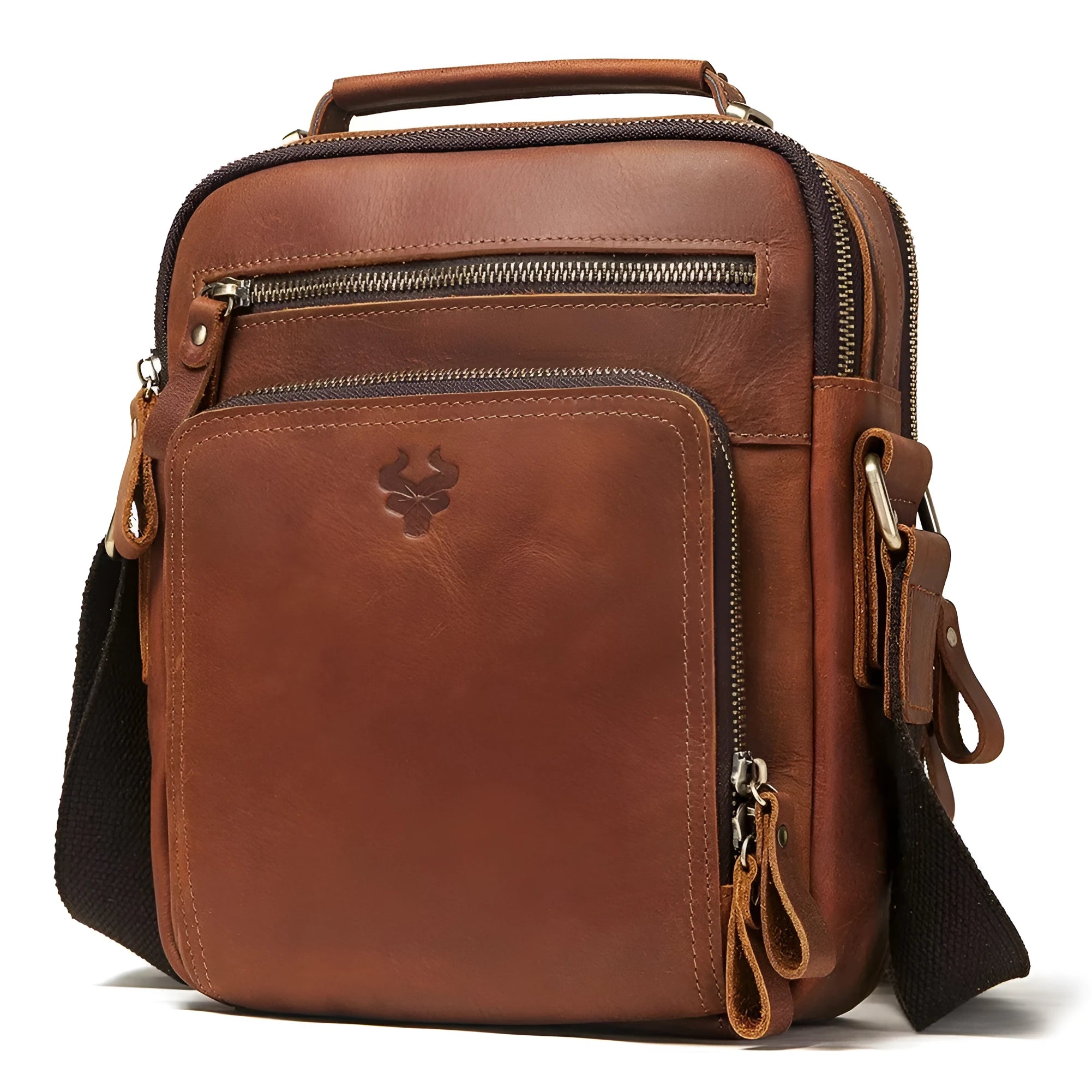 Men's brown Crazy Horse leather crossbody bag with sewing line details and crossbody strap