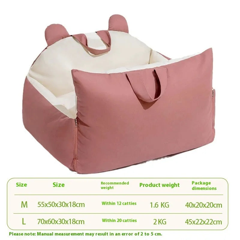 Removable washable dog car kennel in beige colour, shown in a vehicle boot with size dimensions labelled.