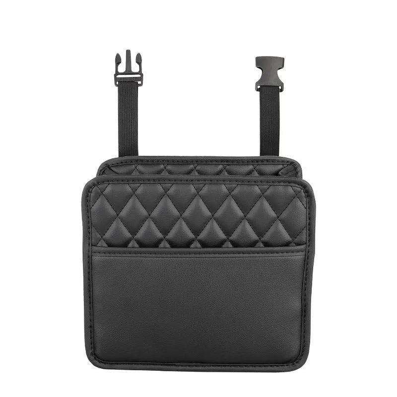 Leather hanging storage bag for car interiors in black colour with 25cm dimensions