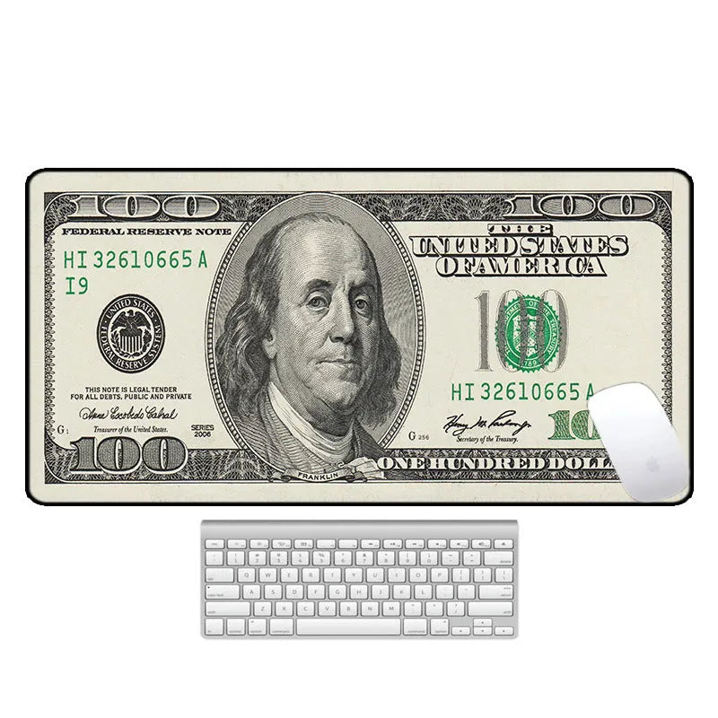 Large natural rubber desk pad with graphic print, showing non-slip base and size options for mouse and keyboard.