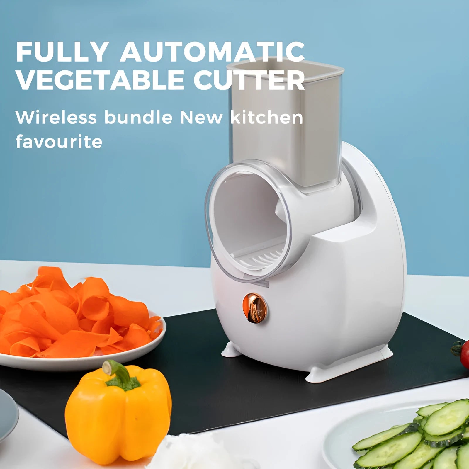 White electric vegetable slicer with rotary grater, feeding port, and strong suction base on a kitchen counter.