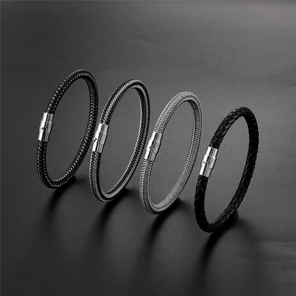 Men's geometric titanium steel wire bracelet with a magnetic clasp shown on a wrist.
