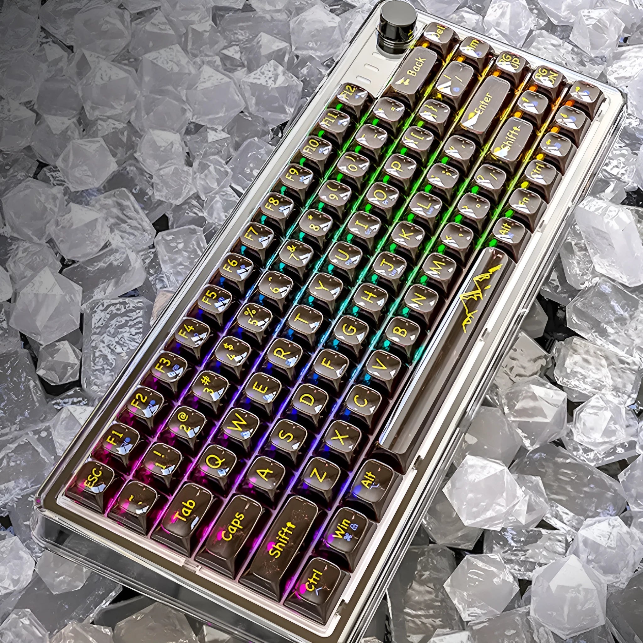 Attack Shark K75 RGB wireless mechanical keyboard with transparent black case, illuminated keys, and included accessories.