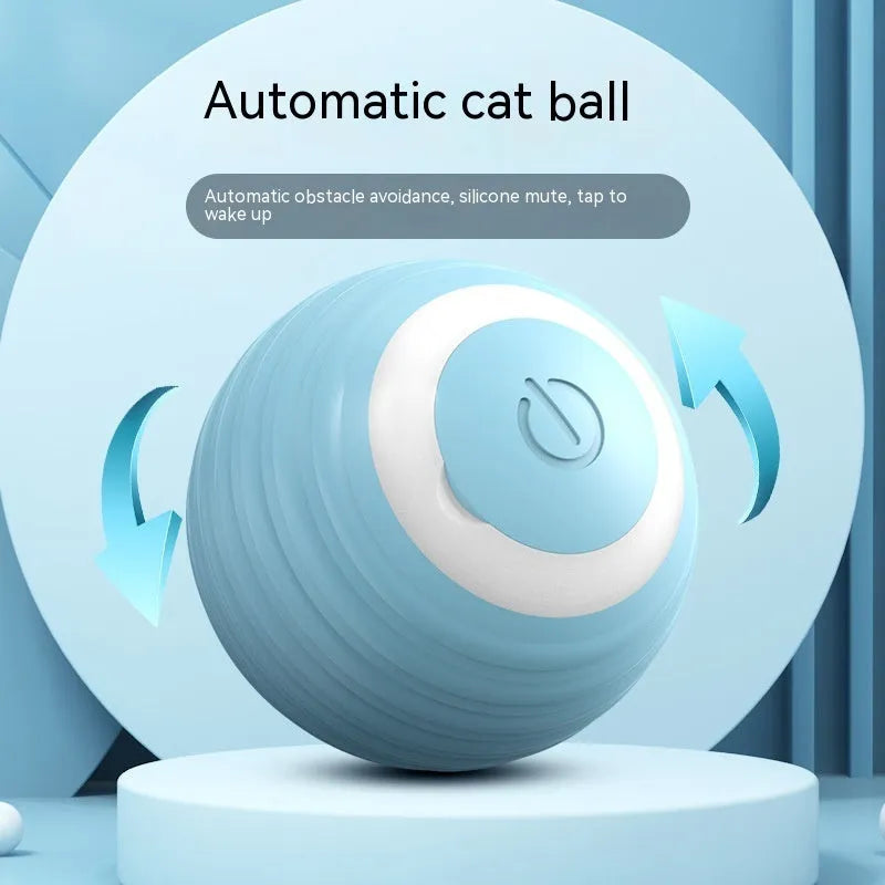 Blue automatic moving cat toy ball on floor with charging cable