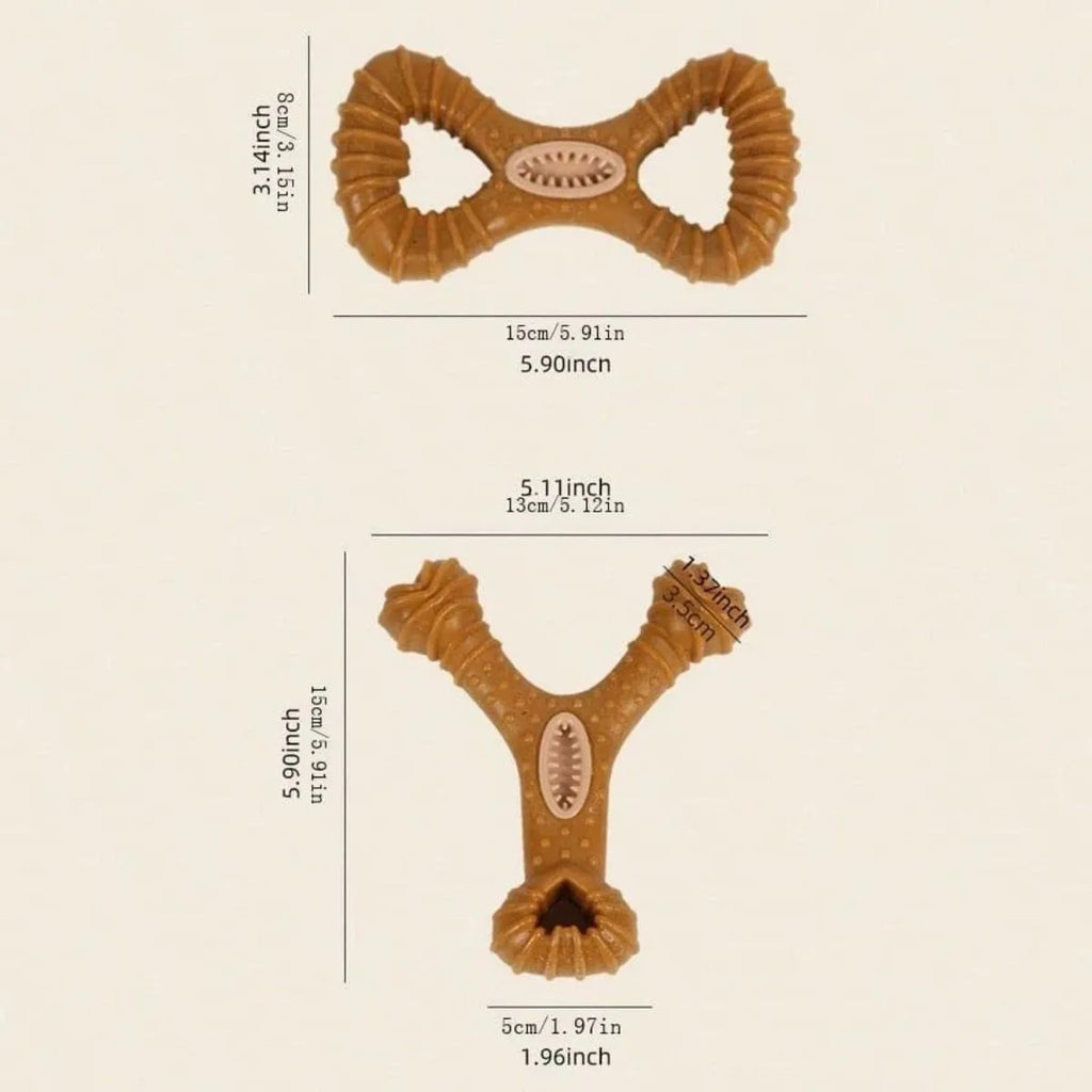 Two nylon dog chew bones showing 8 shape and Y shape designs for teeth cleaning