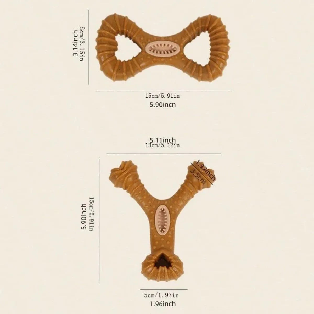 Two nylon dog chew bones showing 8 shape and Y shape designs for teeth cleaning