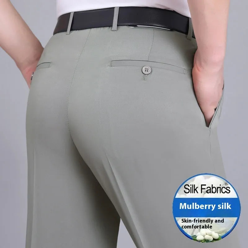 Men's mulberry silk blend business trousers in straight cut with high waist