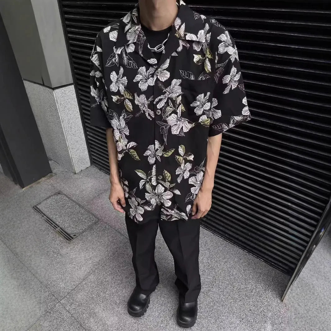 Black floral print men's shirt with Cuban collar in ice silk fabric