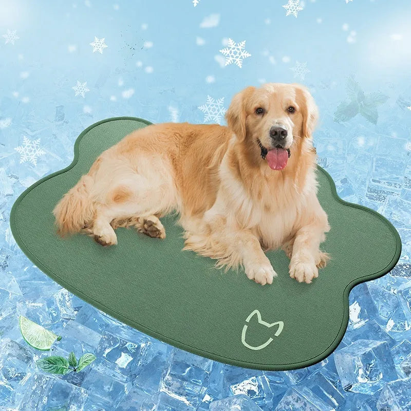 Ice silk dog cooling mat with dog head pattern in light grey, showing non-slip base and rectangular shape.