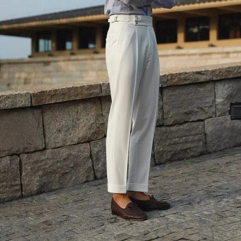 Men's slim fit straight leg formal trousers in apricot, black and white colours.