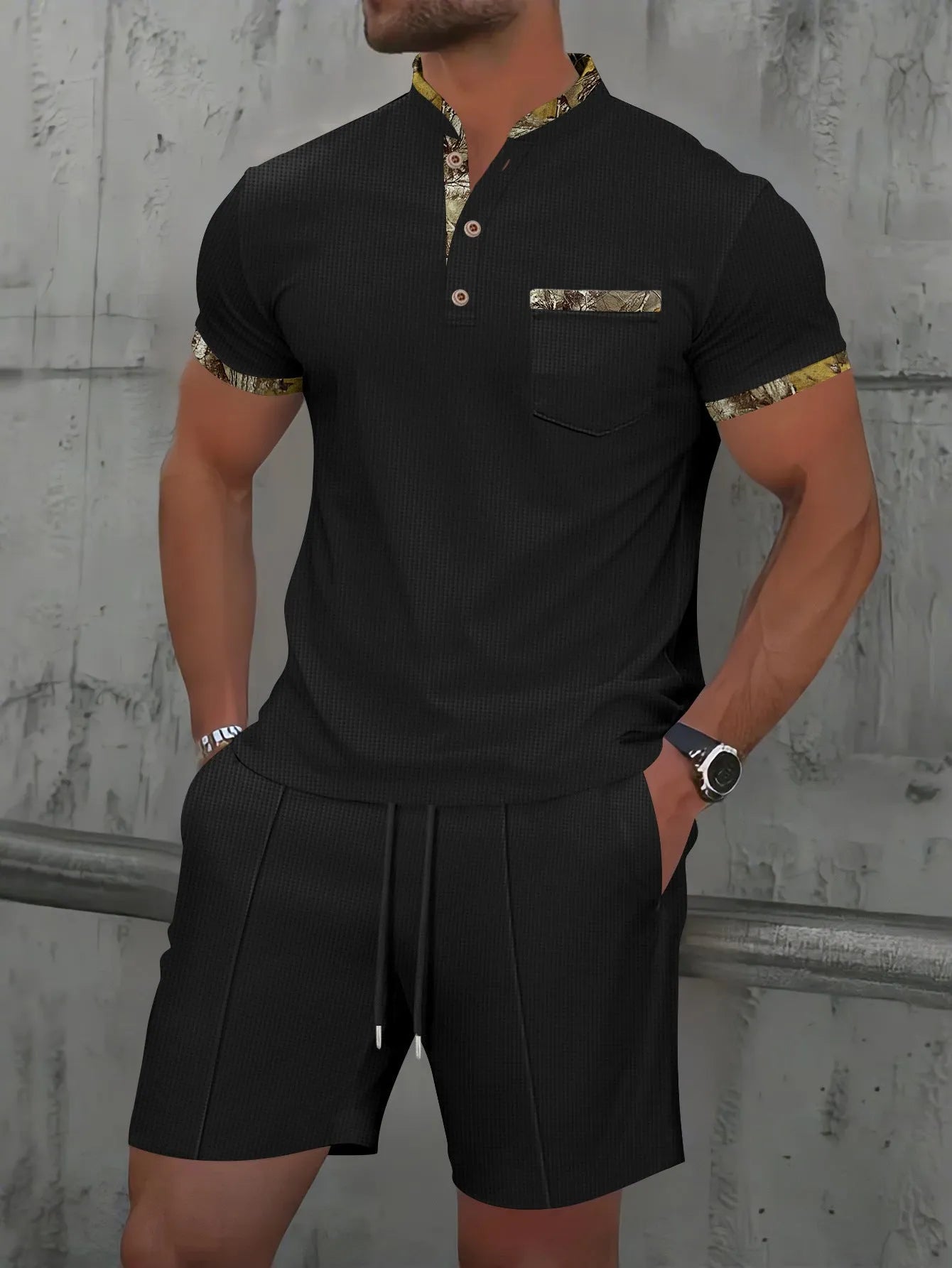 Men's waffle textured polo collar short sleeve suit set in cotton blend fabric with matching top and shorts
