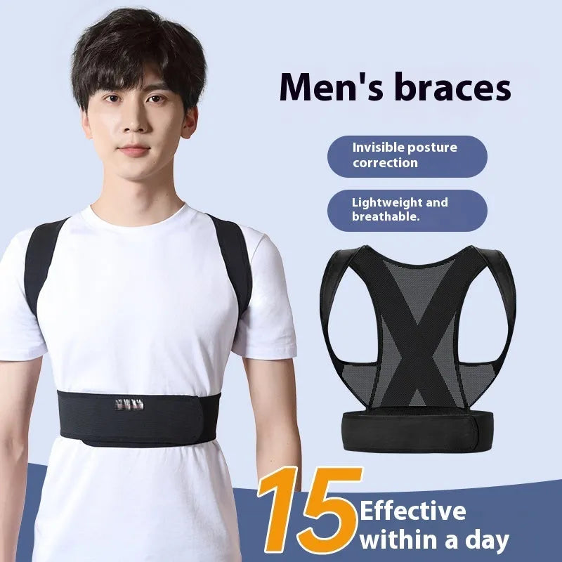 Men's black hunchback corrector posture belt showing the one-pull lift adjustment strap.