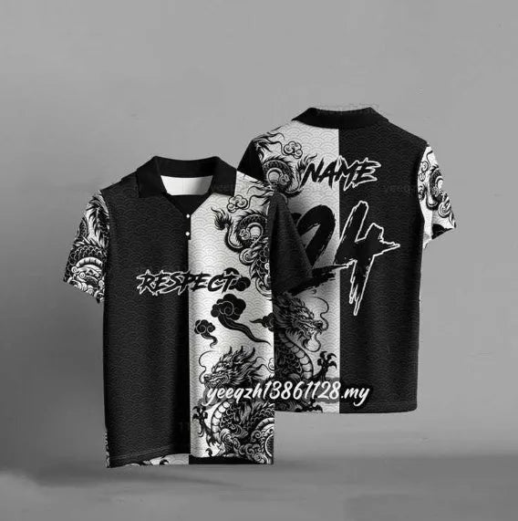 Black 3D digitally printed loose fit casual t-shirt with short sleeves on size chart background