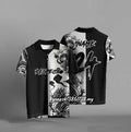 Black 3D digitally printed loose fit casual t-shirt with short sleeves on size chart background
