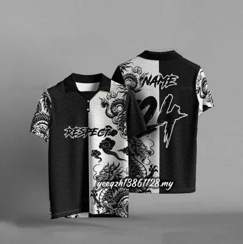Black 3D digitally printed loose fit casual t-shirt with short sleeves on size chart background