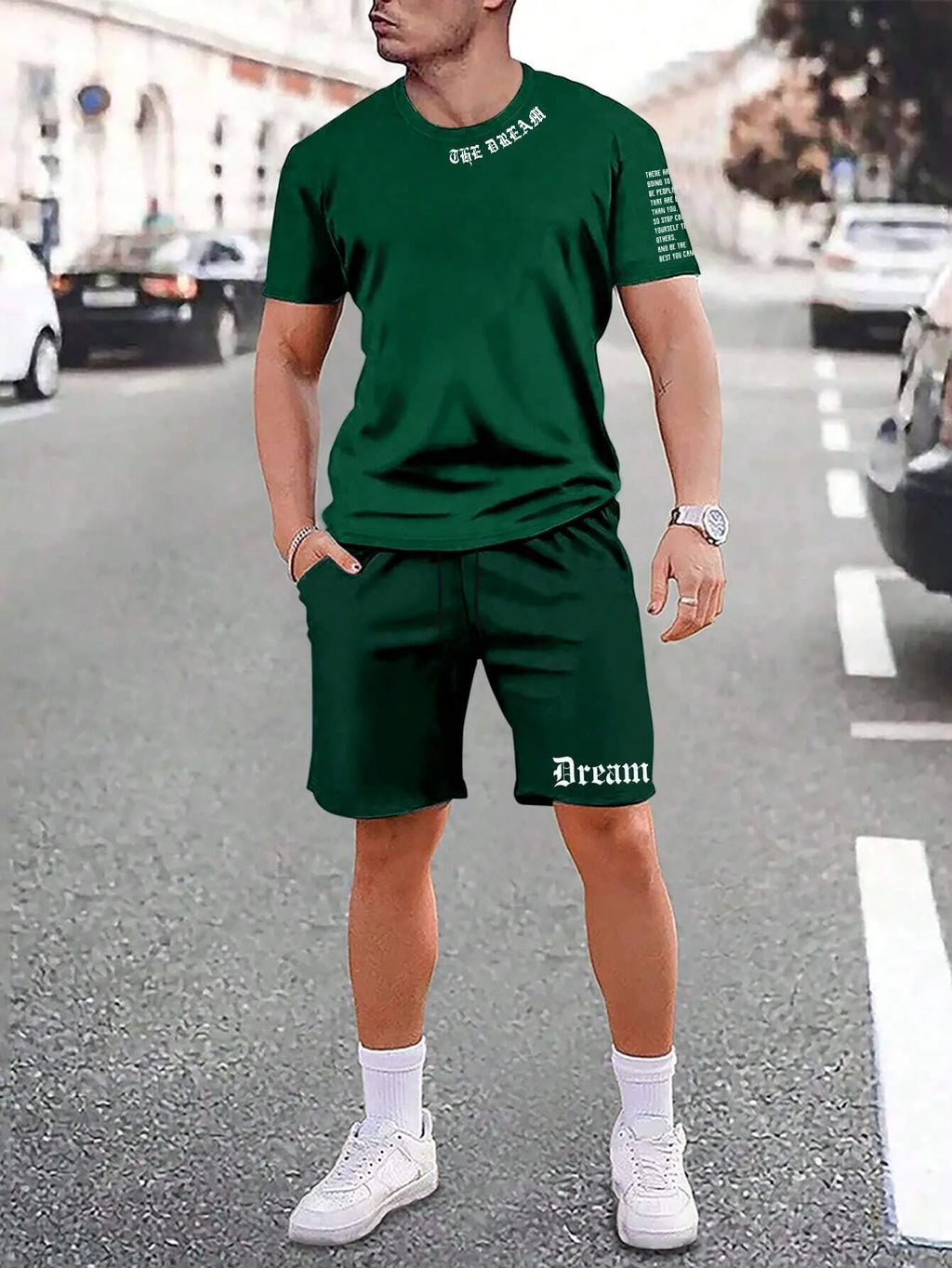 Sports style short-sleeved shorts set with printing pattern in polyester blend fabric