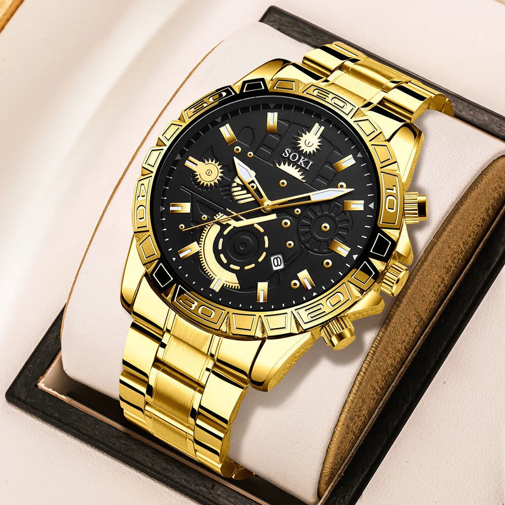 Men's gold stainless steel business quartz watch with date display and steel strap