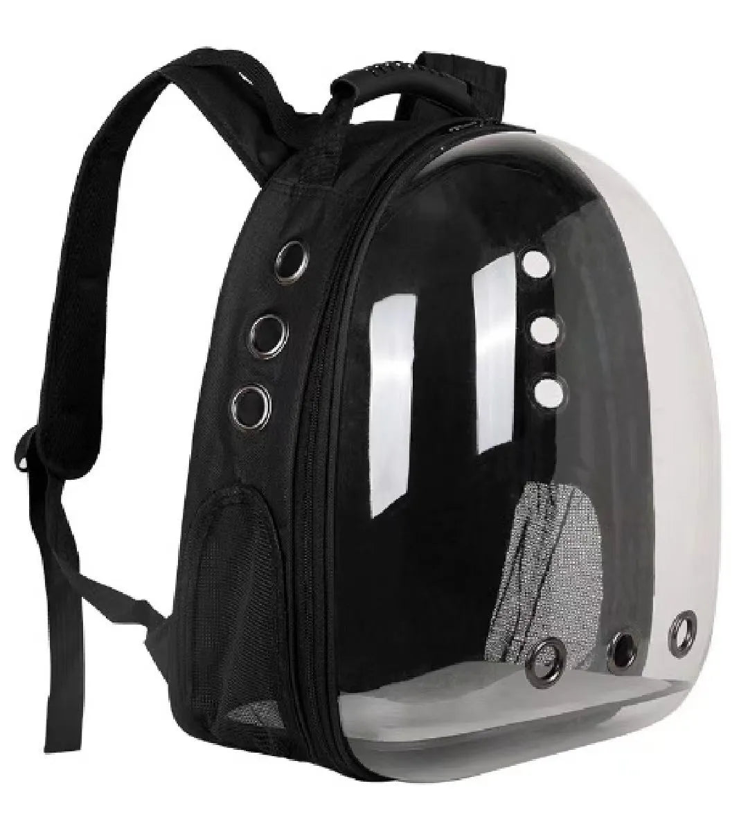 Grey hard-shell pet carrier bag with side opening for medium-sized cats or small dogs.