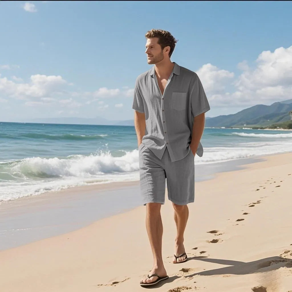 Man's light blue linen blend short-sleeve shirt and matching shorts casual beach set.