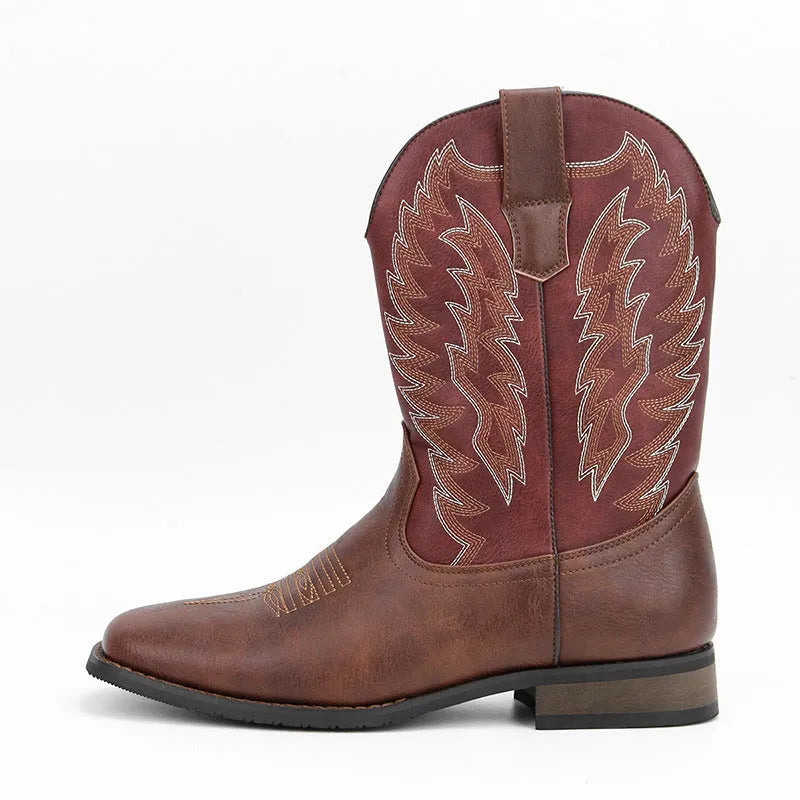 Men's western denim square toe motorcycle boots in black artificial leather with mid-calf length
