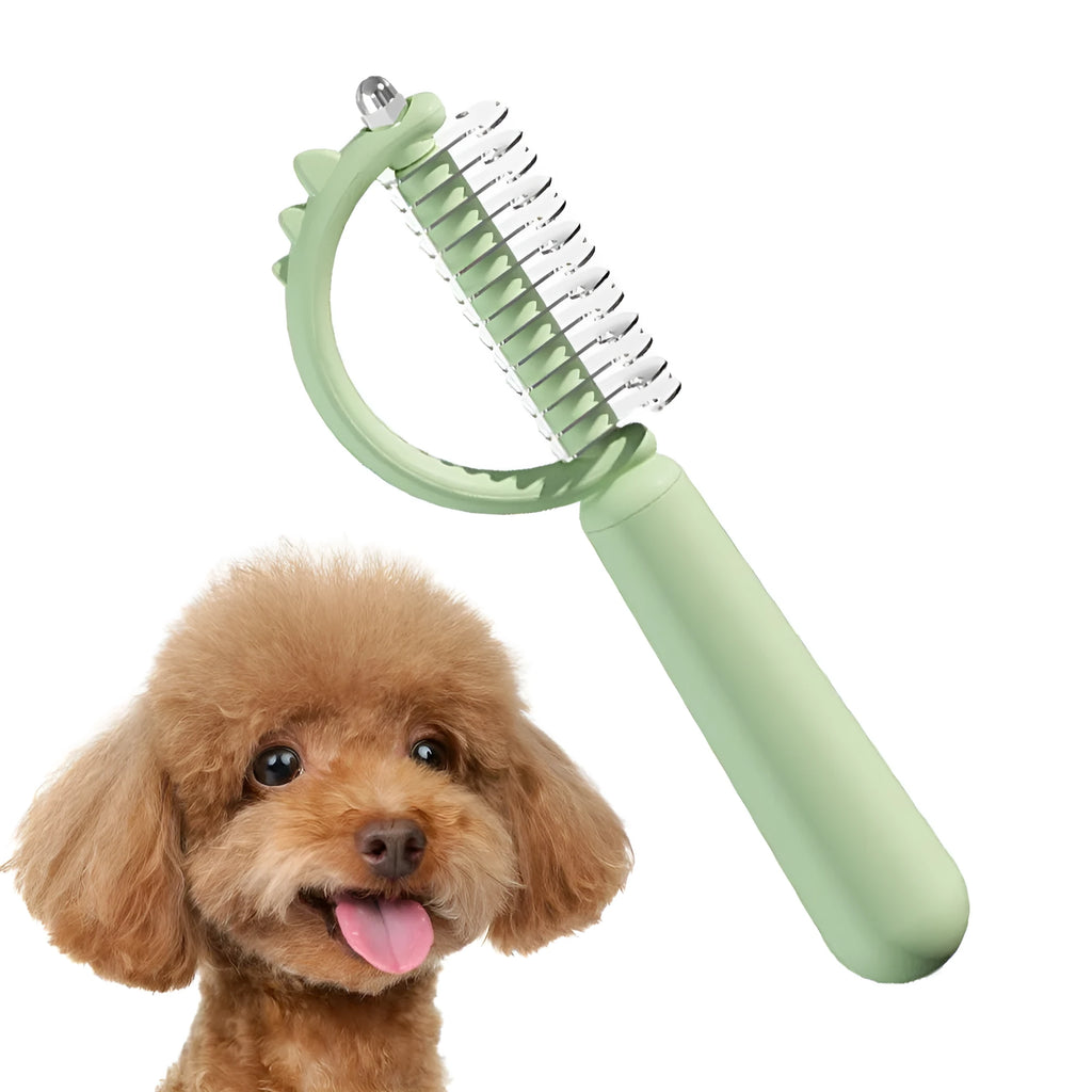 Blue dinosaur-shaped cat brush with stainless steel bristles and self-cleaning button