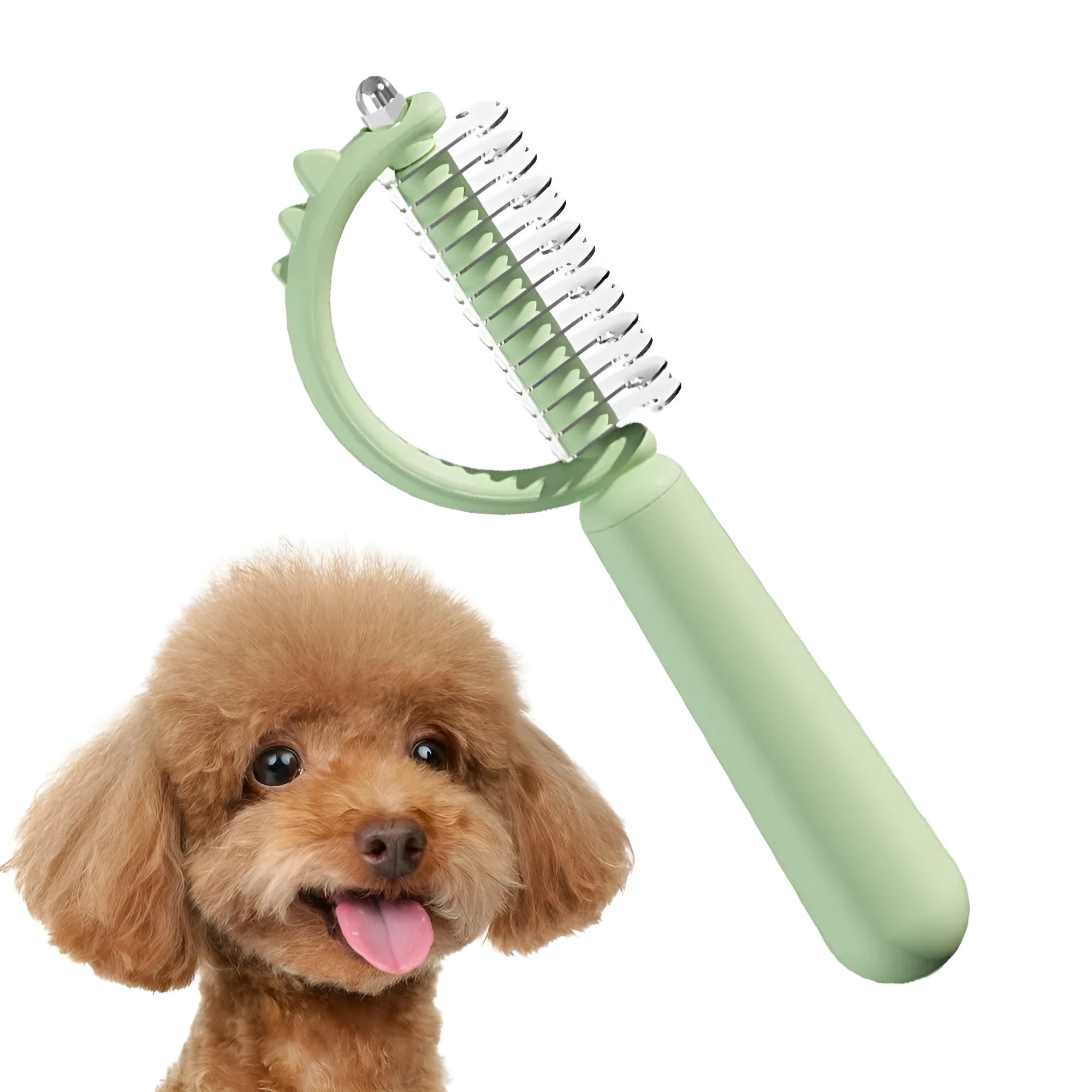 Blue dinosaur-shaped cat brush with stainless steel bristles and self-cleaning button