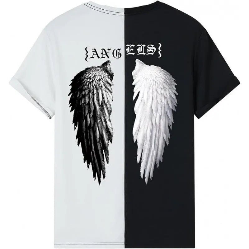 Men's printed short-sleeve street sports t-shirt on a hanger, showing a digital print pattern.