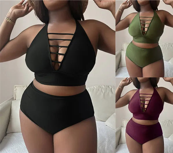 Plus size women's halter bikini set with adjustable cross straps and high waist briefs in solid colour