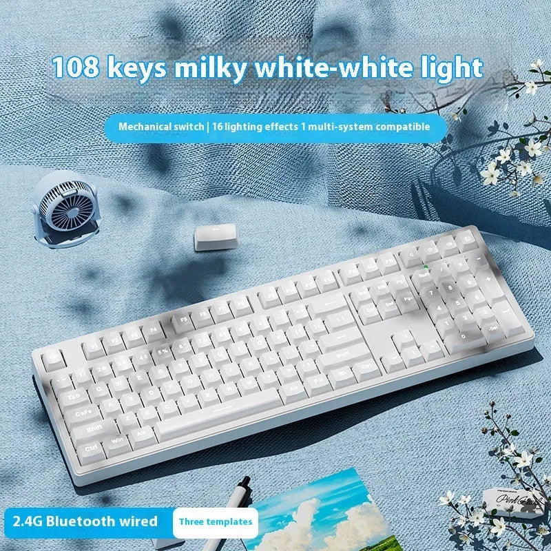 Triple-mode mechanical keyboard in various colour options showing 87-key and 108-key layouts