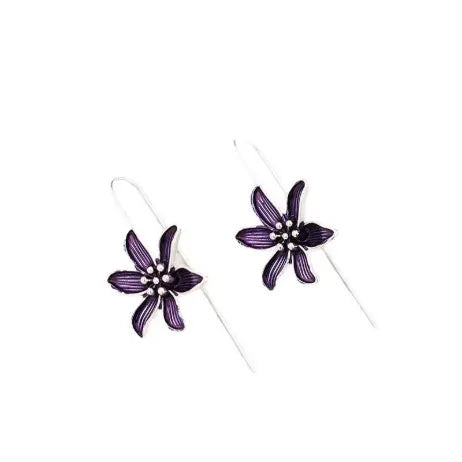 Purple flower-shaped retro earrings with alloy construction and electroplated finish