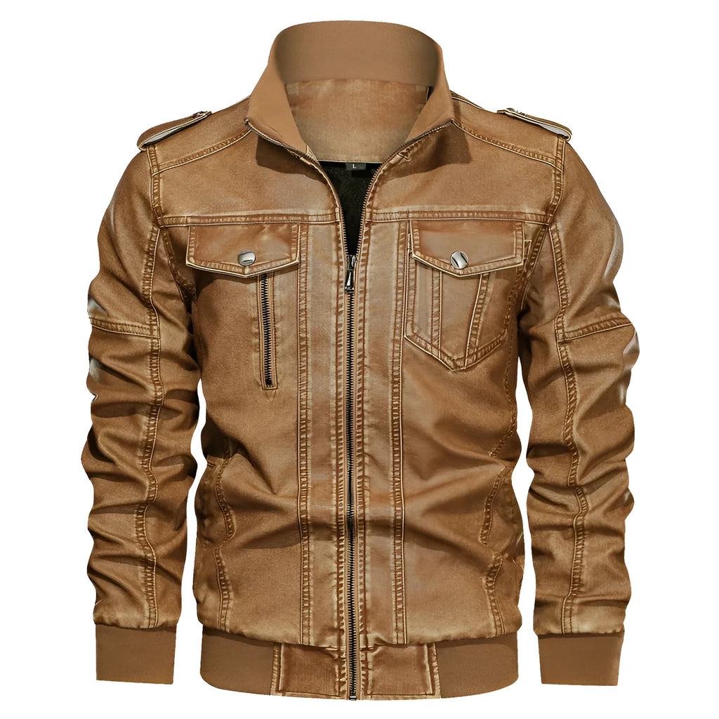 Men's PU leather coat in khaki with regular fit, side pockets, and 50cm length, size L to 6XL