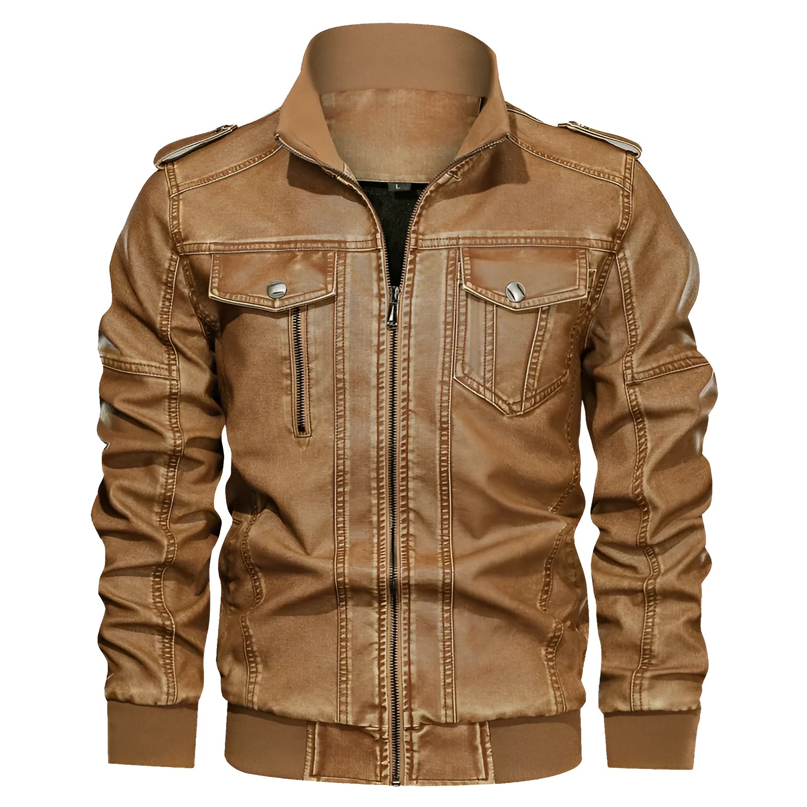 Men's PU leather coat in khaki with regular fit, side pockets, and 50cm length, size L to 6XL